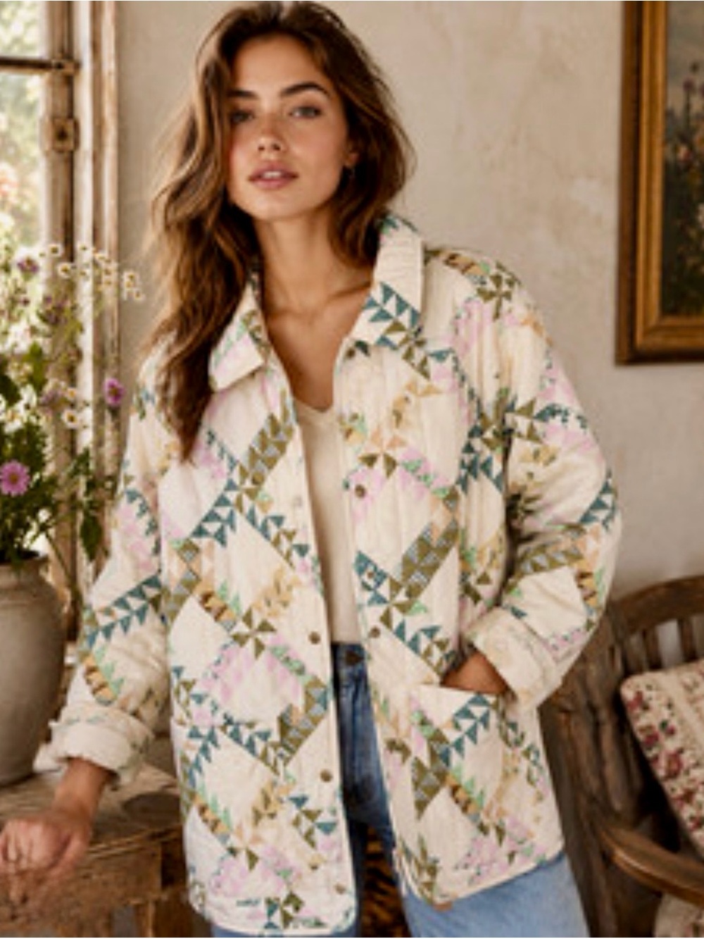 Universal Thread Quilted Patchwork Button-Front padded Jacket Cream Multi xs